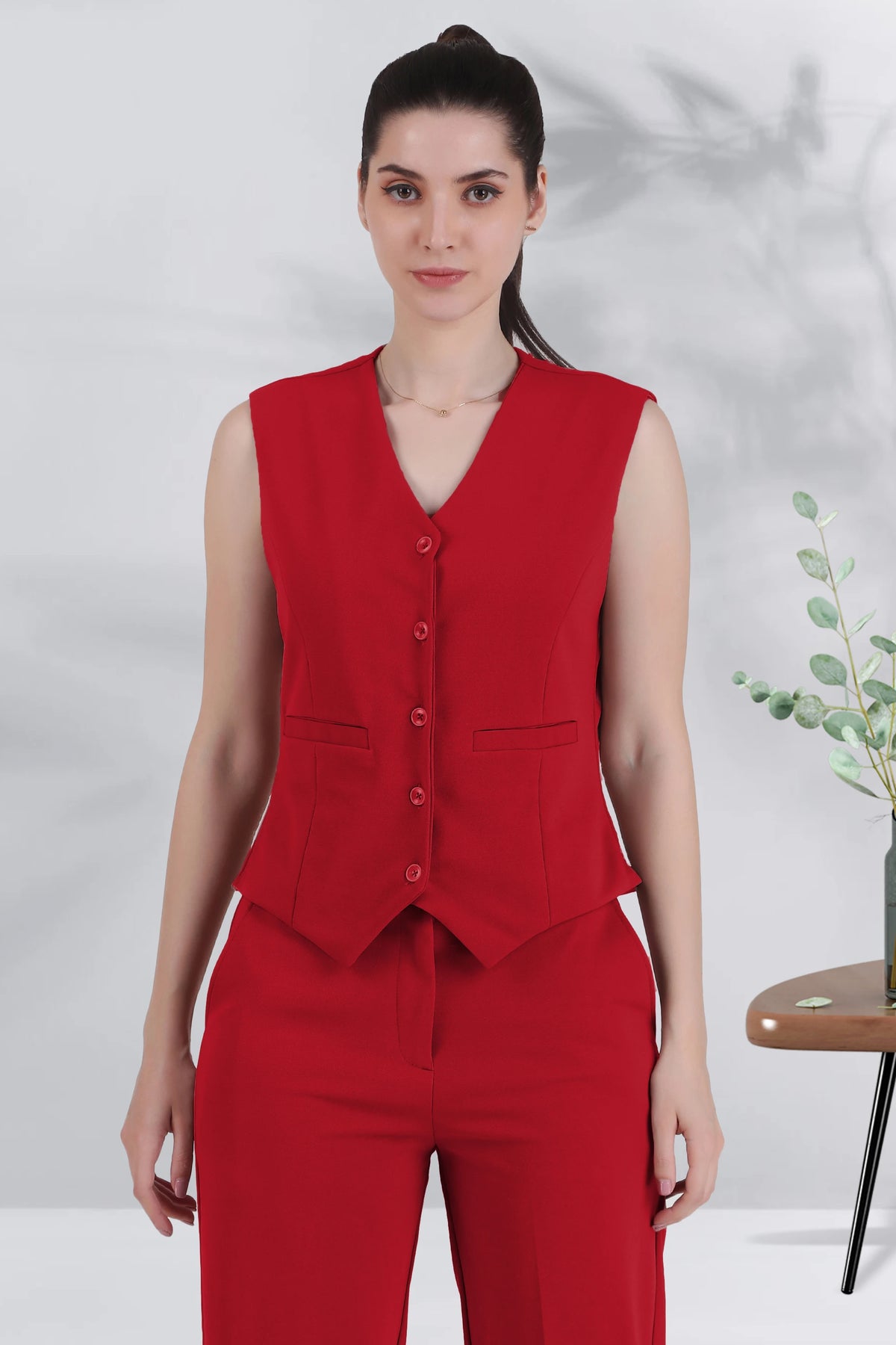 V Neck Tailored Waistcoat, Red