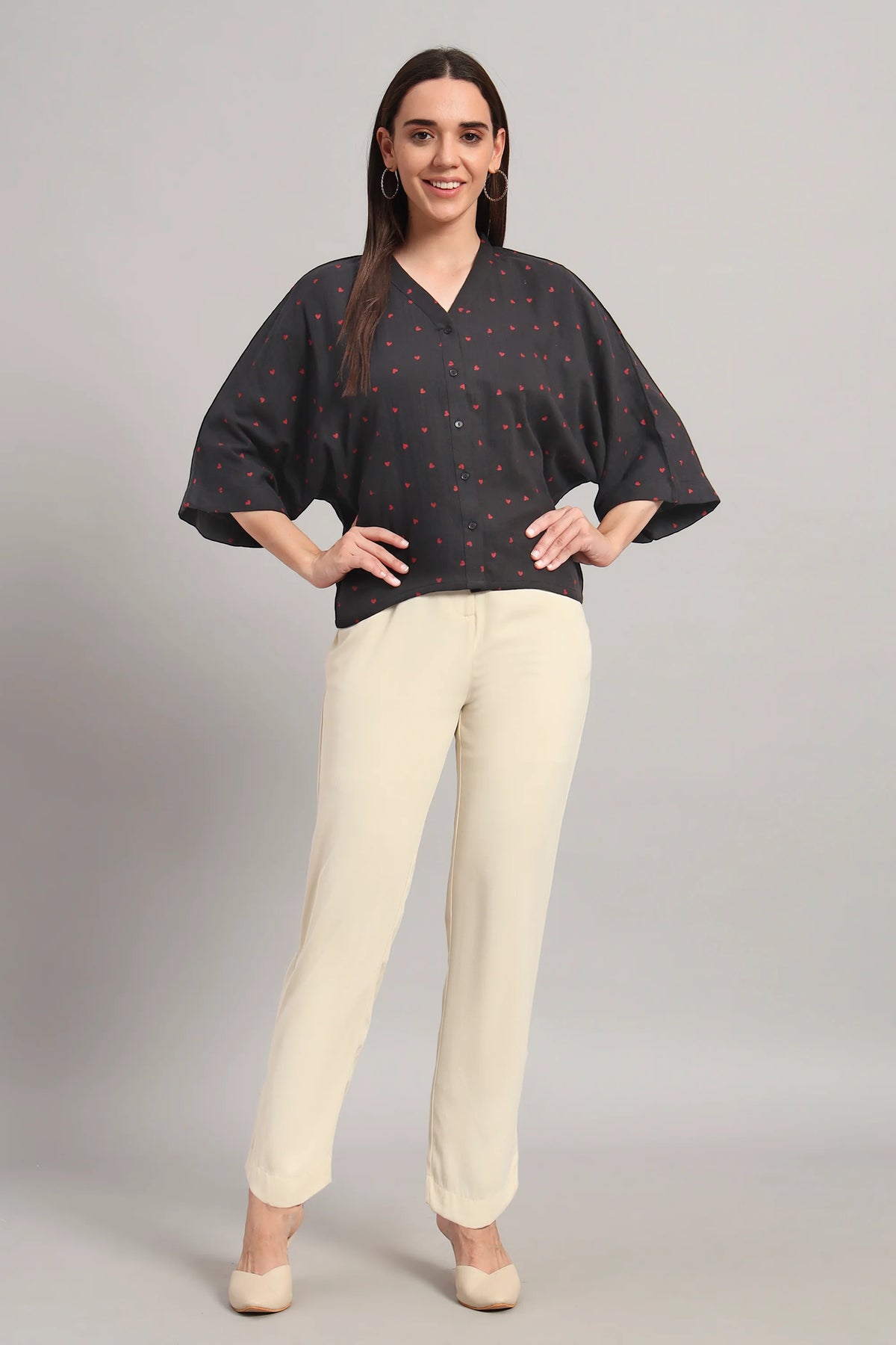 Flare Affair, Dark Grey V-Neck Shirt Style Top