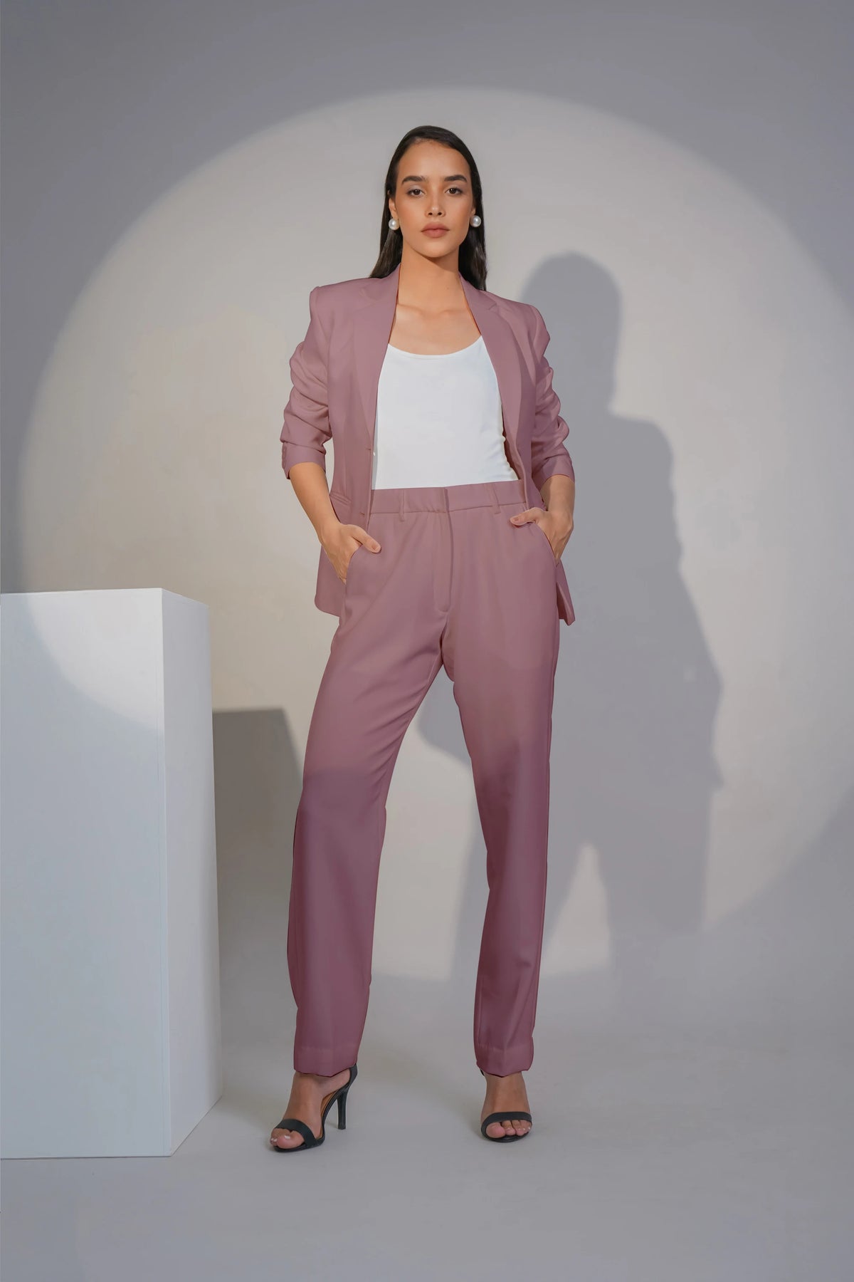 Eternal Office Blazer with Pants Power Suit, Dusty Blush Pink