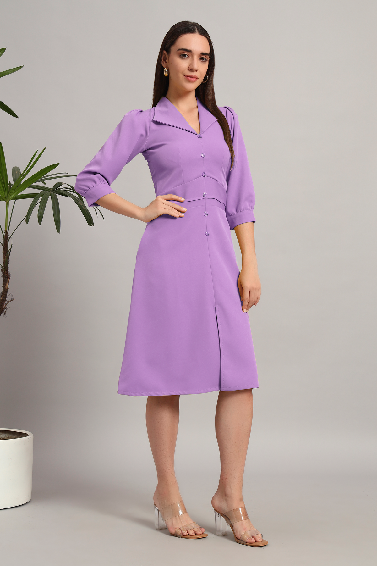 Lilac, Full Sleeves Midi Dress