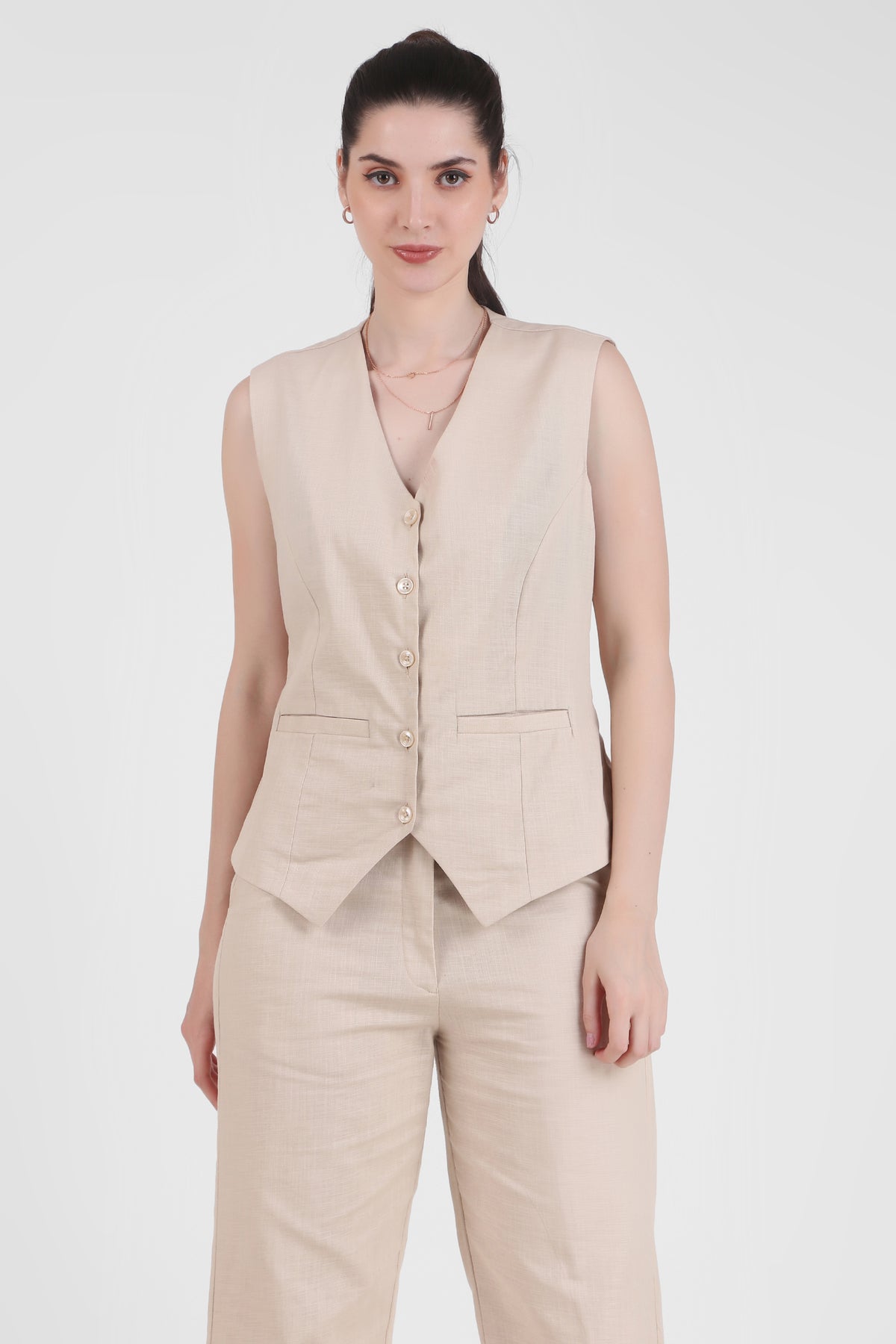 Linen Blend, V Neck Tailored Waistcoat, Beige