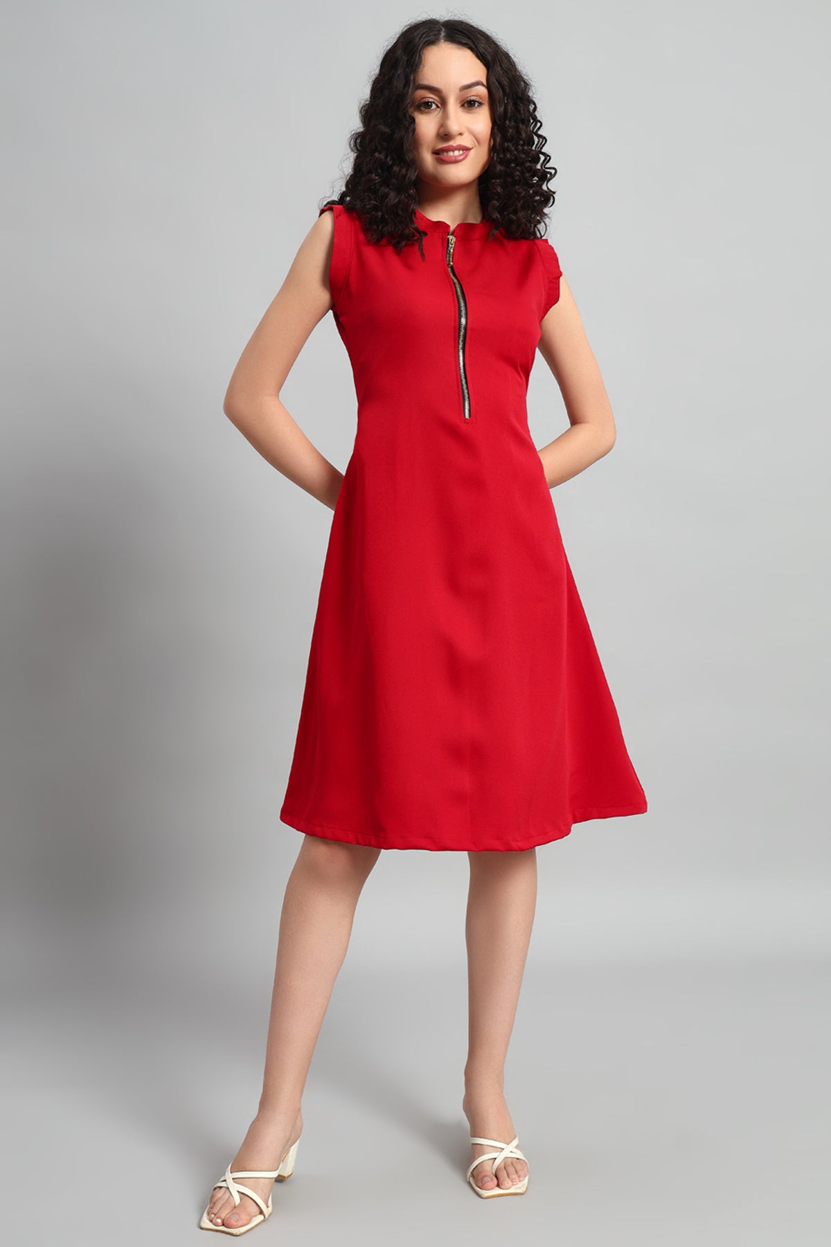 Front Zip Dress, Red