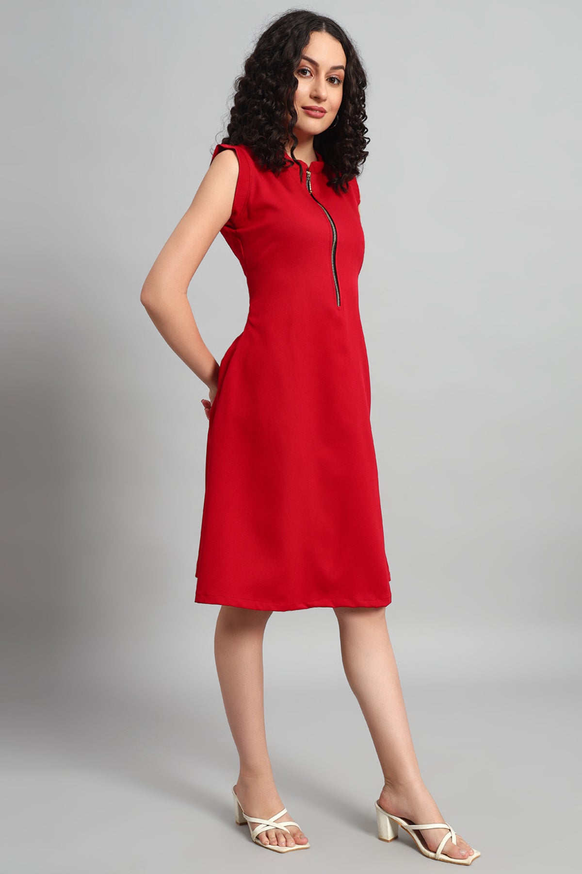 Front Zip Dress, Red