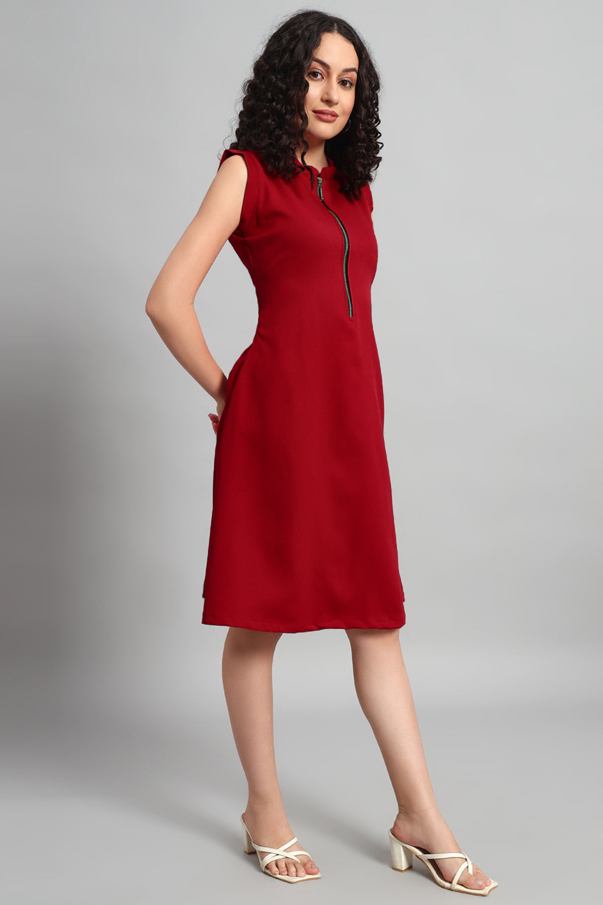 Front Zip Dress, Red