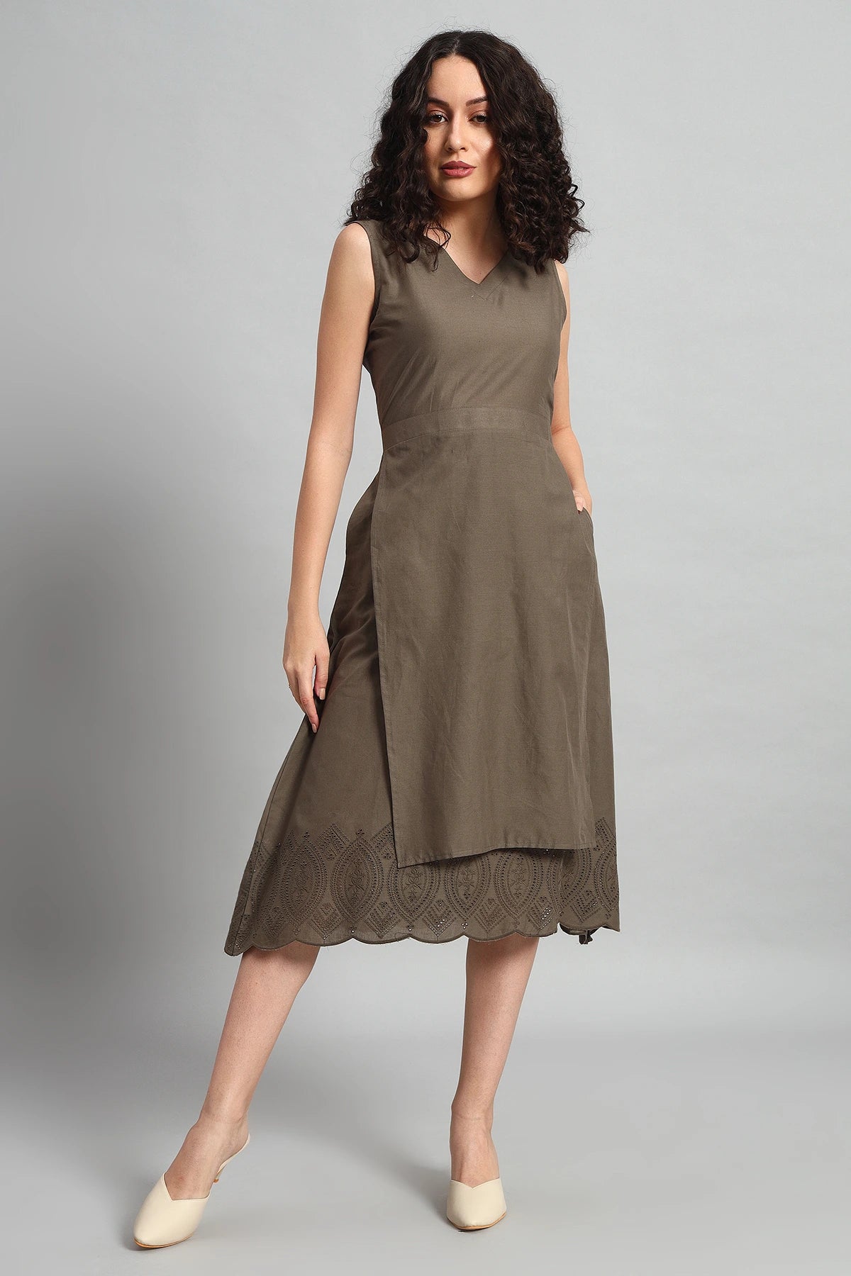 Chikankari Grace Dress, Taupe