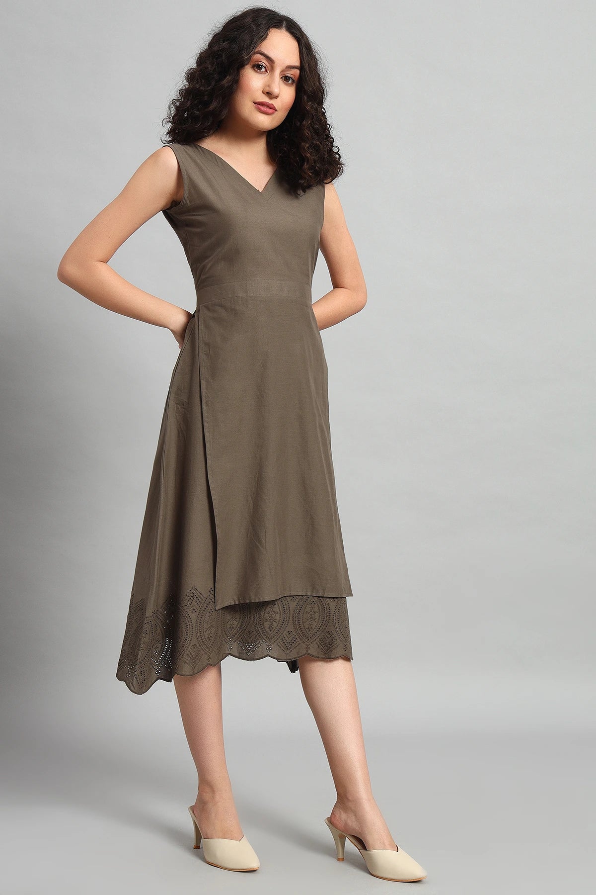 Chikankari Grace Dress, Taupe