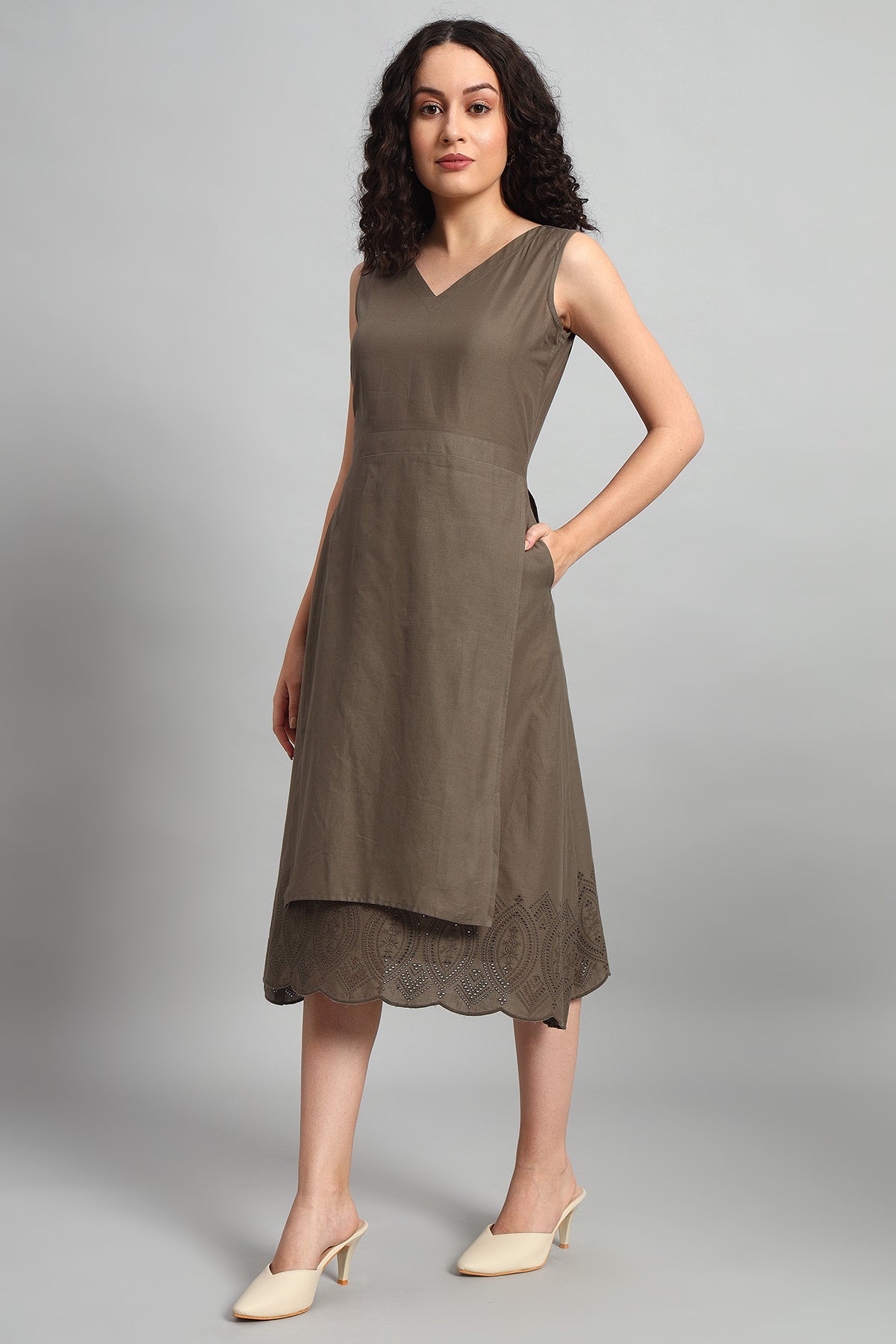 Chikankari Grace Dress, Taupe