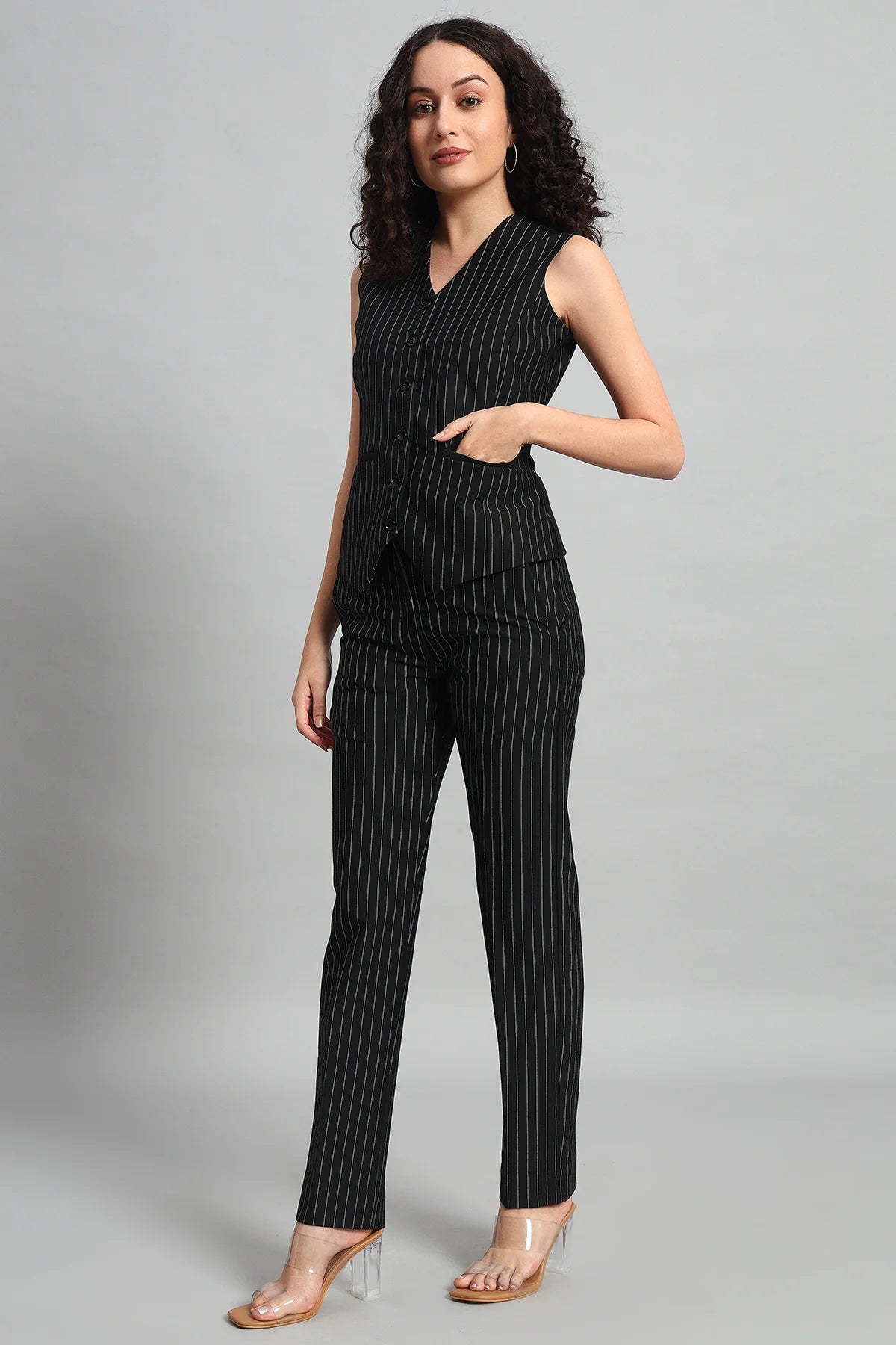 Waistcoat and Pant Co-ord Set - Pinstripe Black