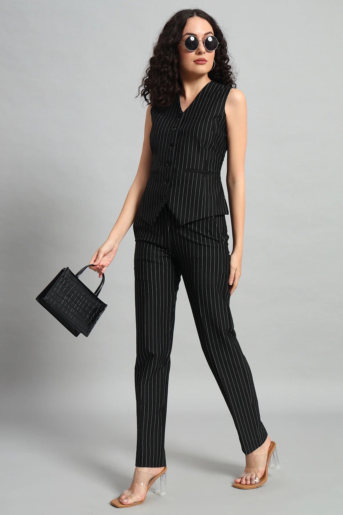 Waistcoat and Pant Co-ord Set - Pinstripe Black