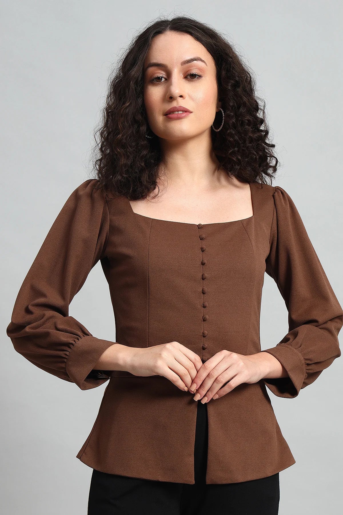 Refined Rectangle Neckline Top, Brown