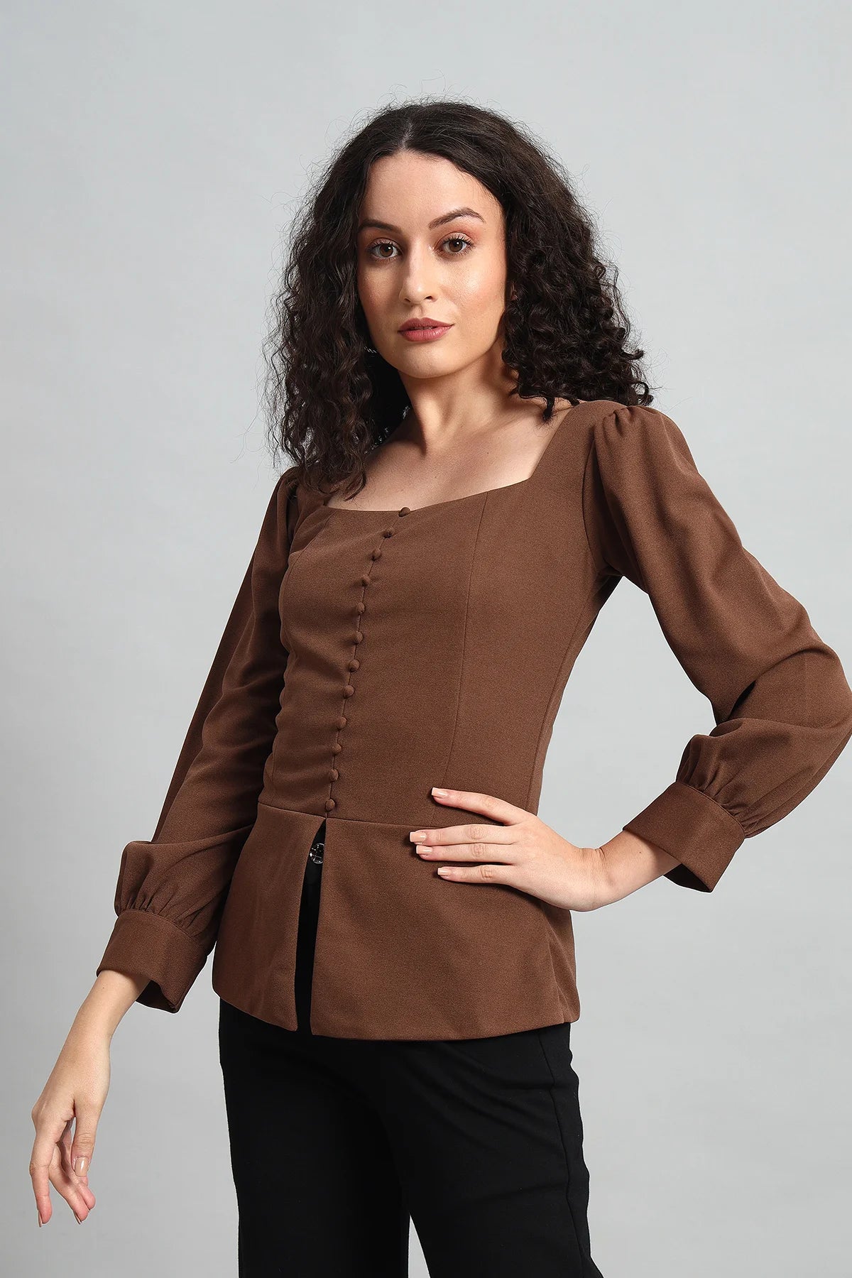 Refined Rectangle Neckline Top, Brown