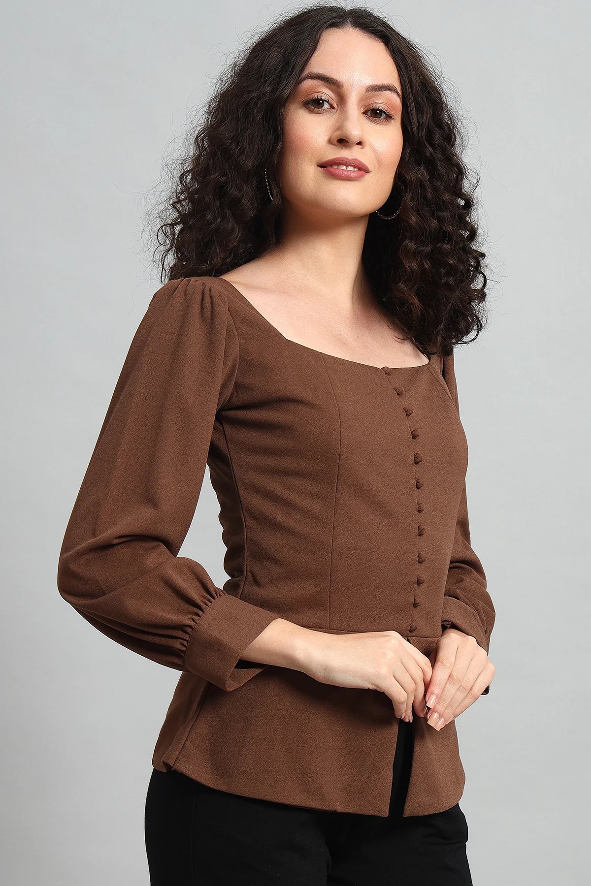 Refined Rectangle Neckline Top, Brown