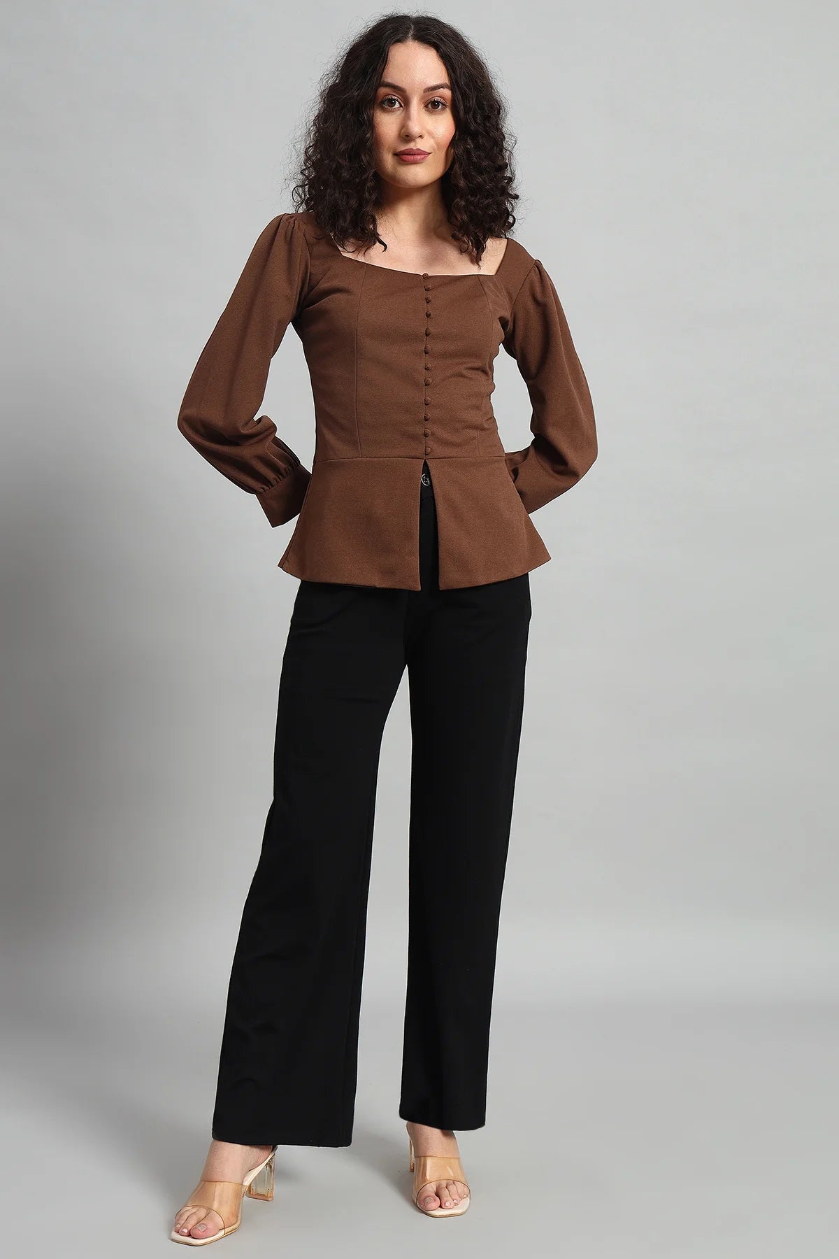 Refined Rectangle Neckline Top, Brown