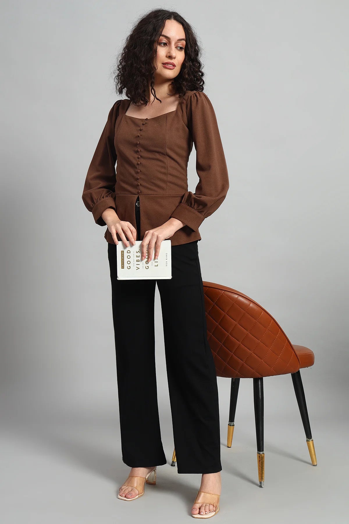 Refined Rectangle Neckline Top, Brown