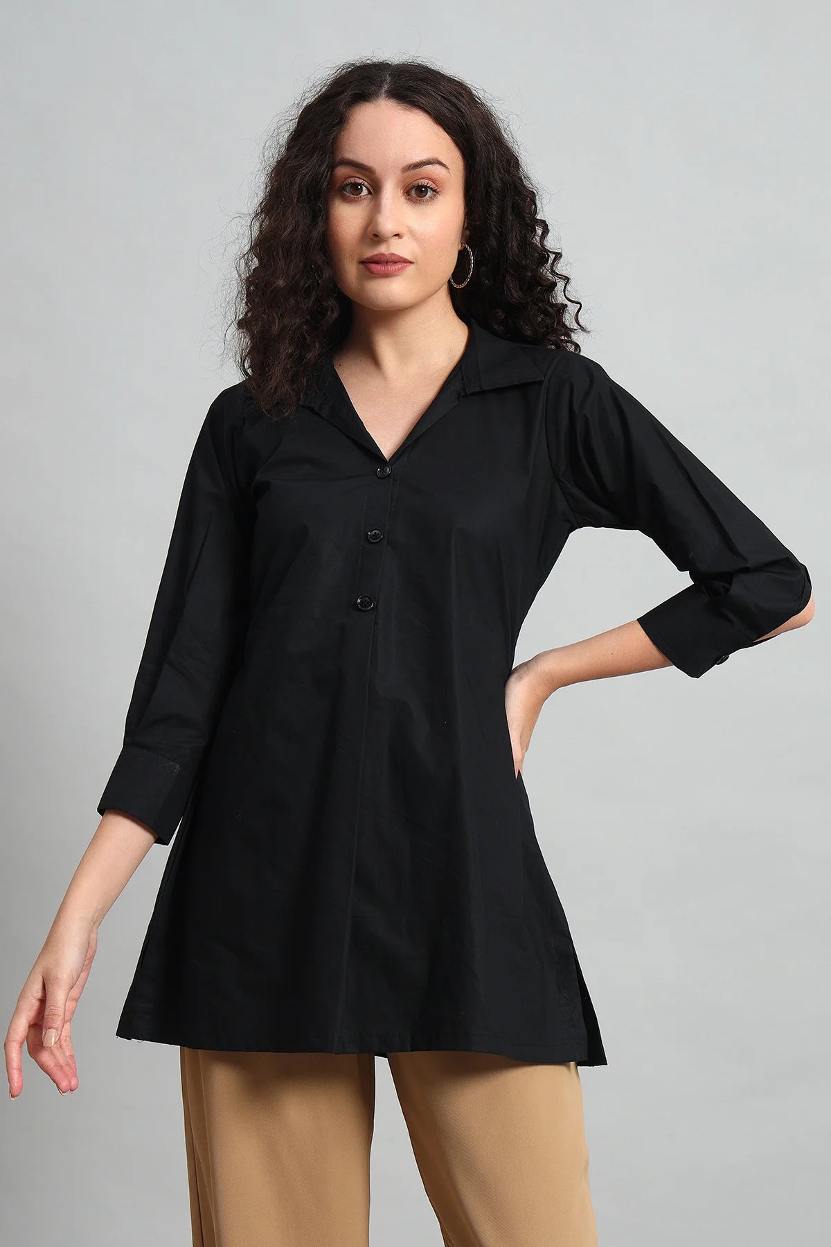 Classic Button-Up Collar Tunic, Black