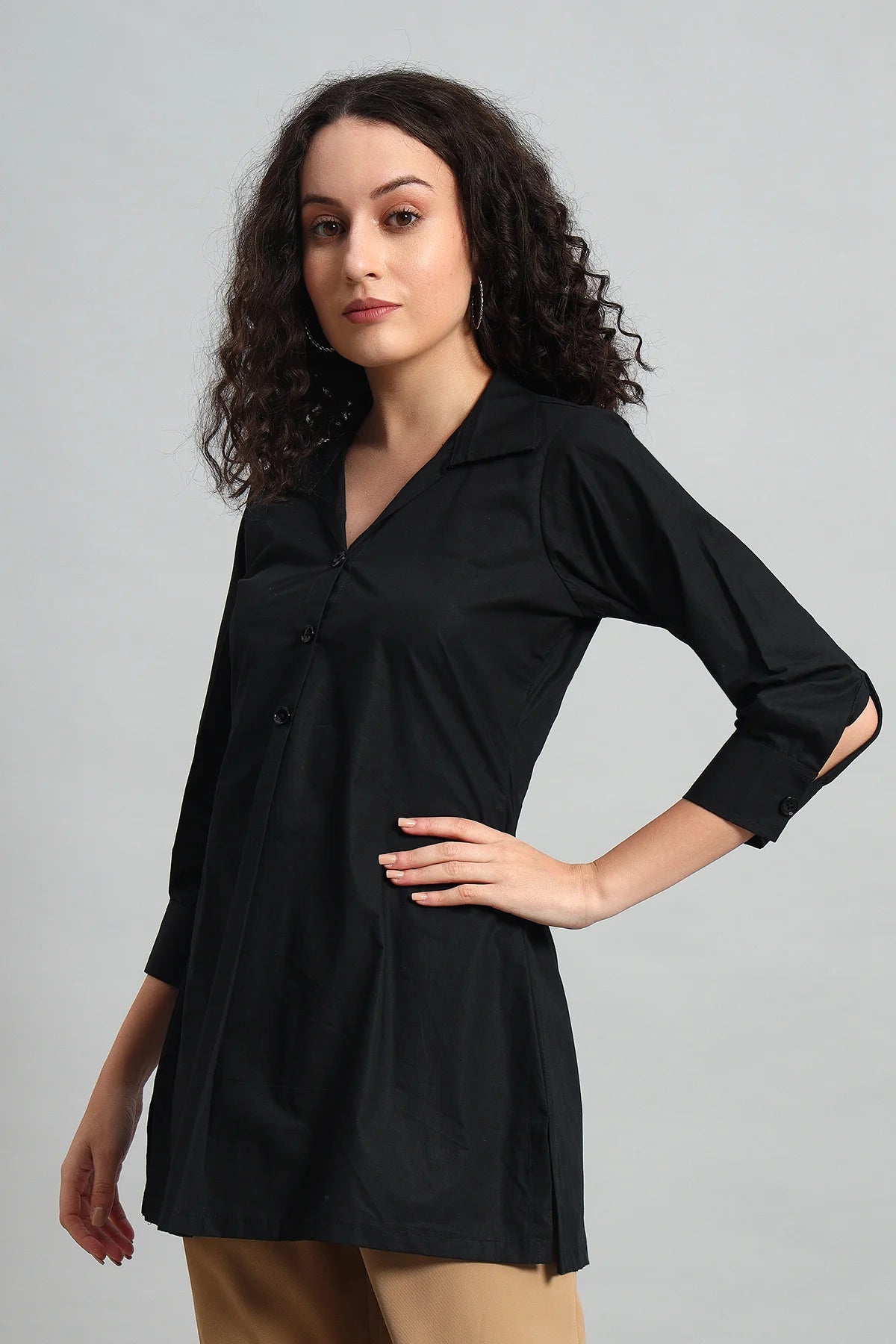 Classic Button-Up Collar Tunic, Black