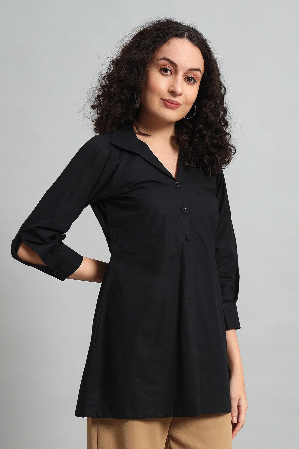 Classic Button-Up Collar Tunic, Black