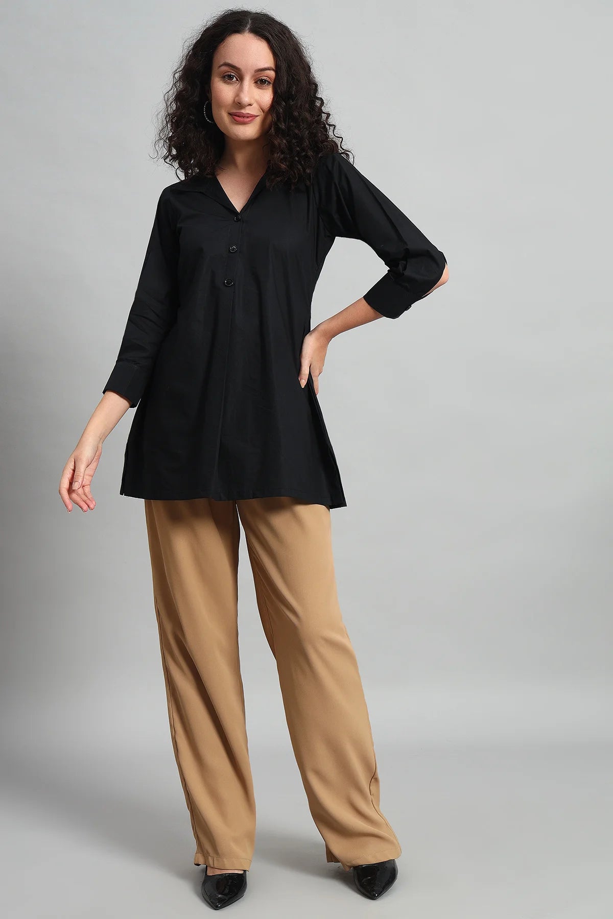 Classic Button-Up Collar Tunic, Black