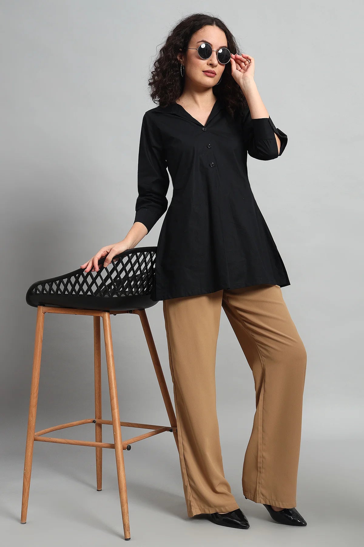 Classic Button-Up Collar Tunic, Black