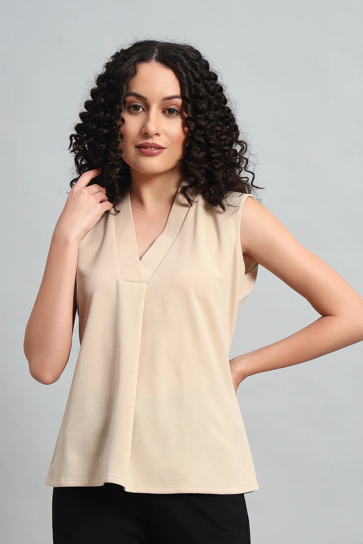 V-Neck Charm Relaxed Top, Beige