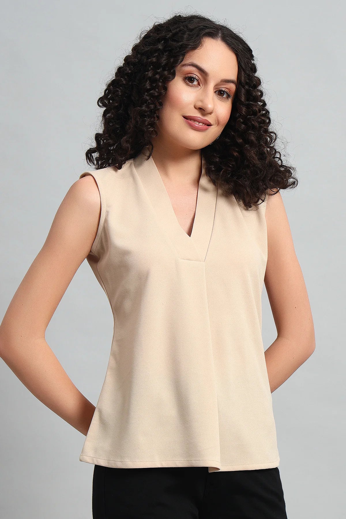 V-Neck Charm Relaxed Top, Beige