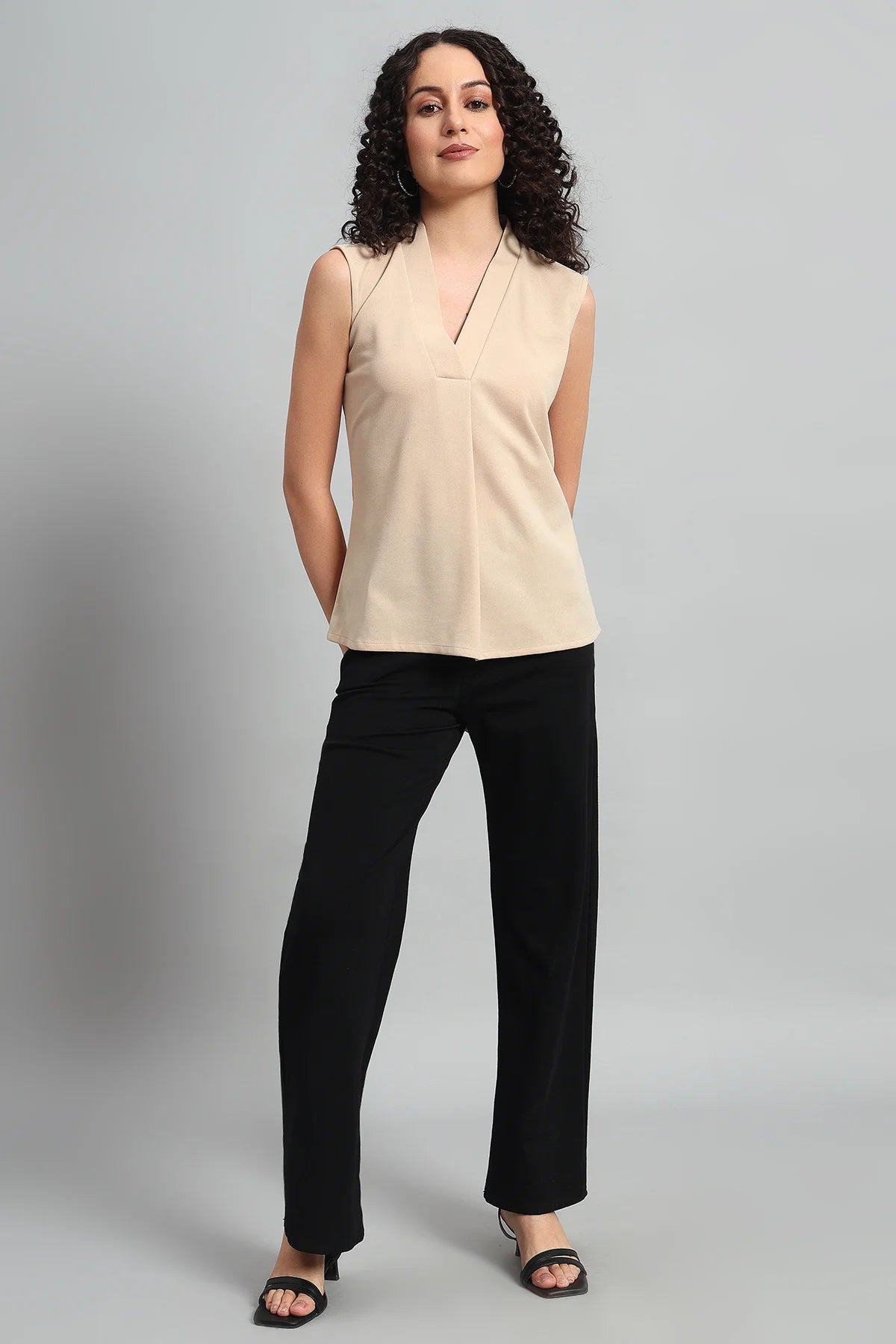 V-Neck Charm Relaxed Top, Beige