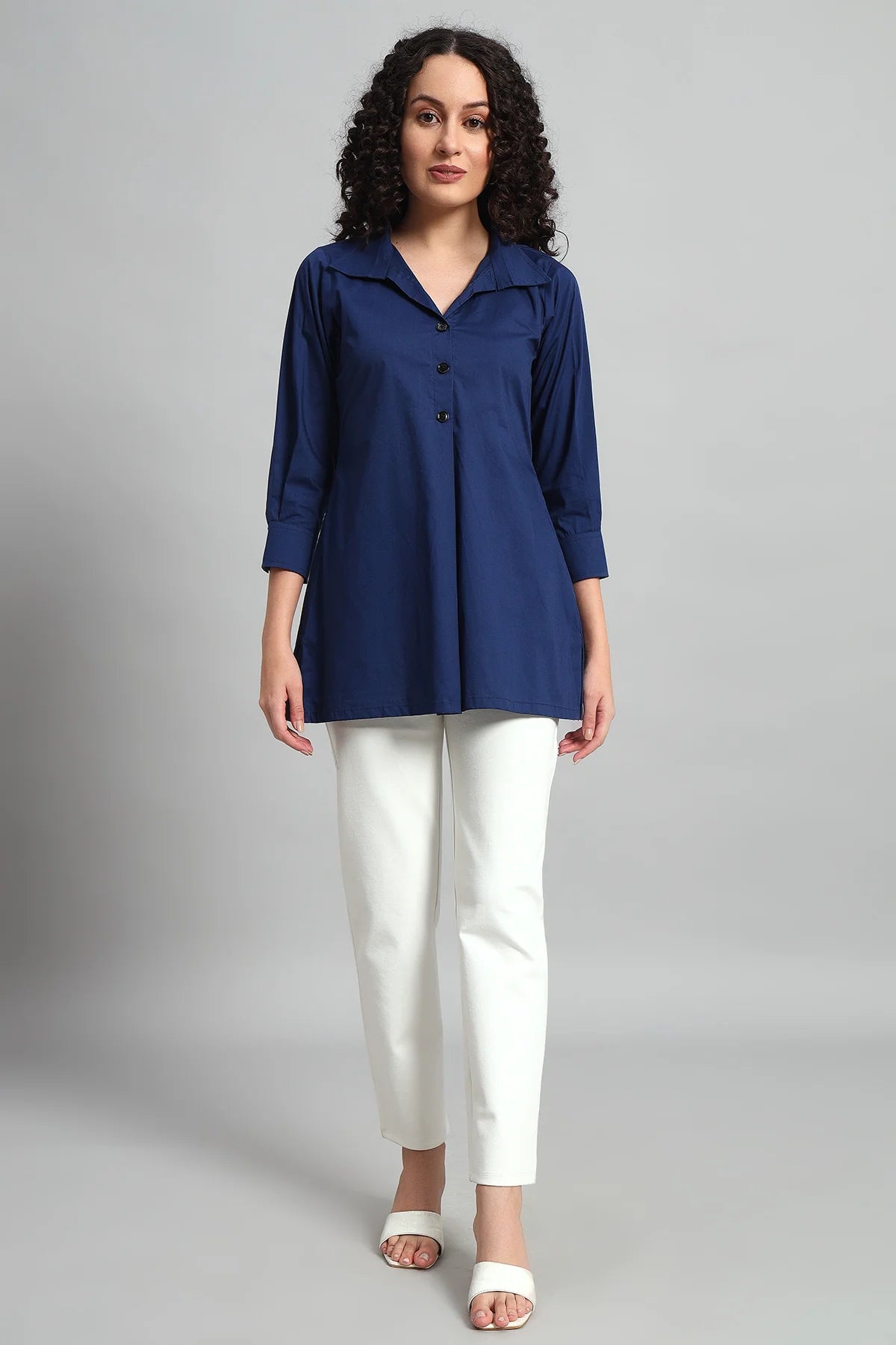 Classic Button-Up Collar Tunic, Navy Blue