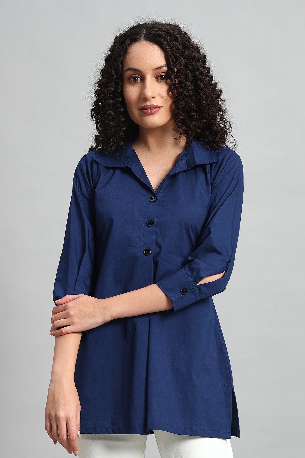 Classic Button-Up Collar Tunic, Navy Blue