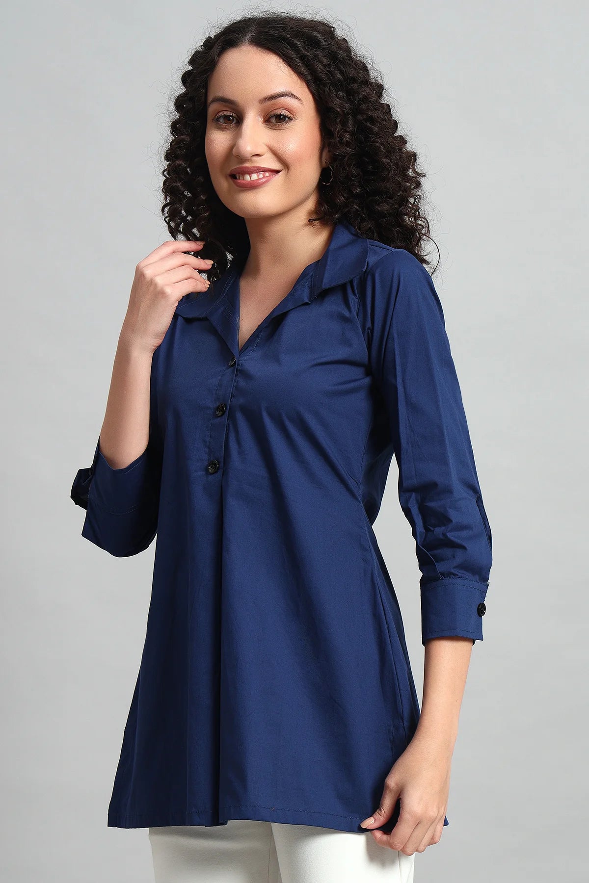 Classic Button-Up Collar Tunic, Navy Blue