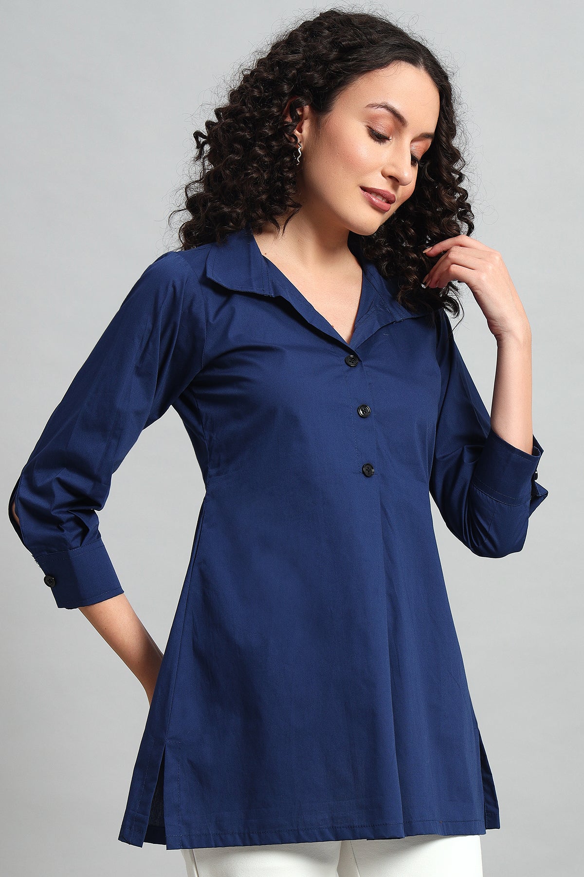 Classic Button-Up Collar Tunic, Navy Blue