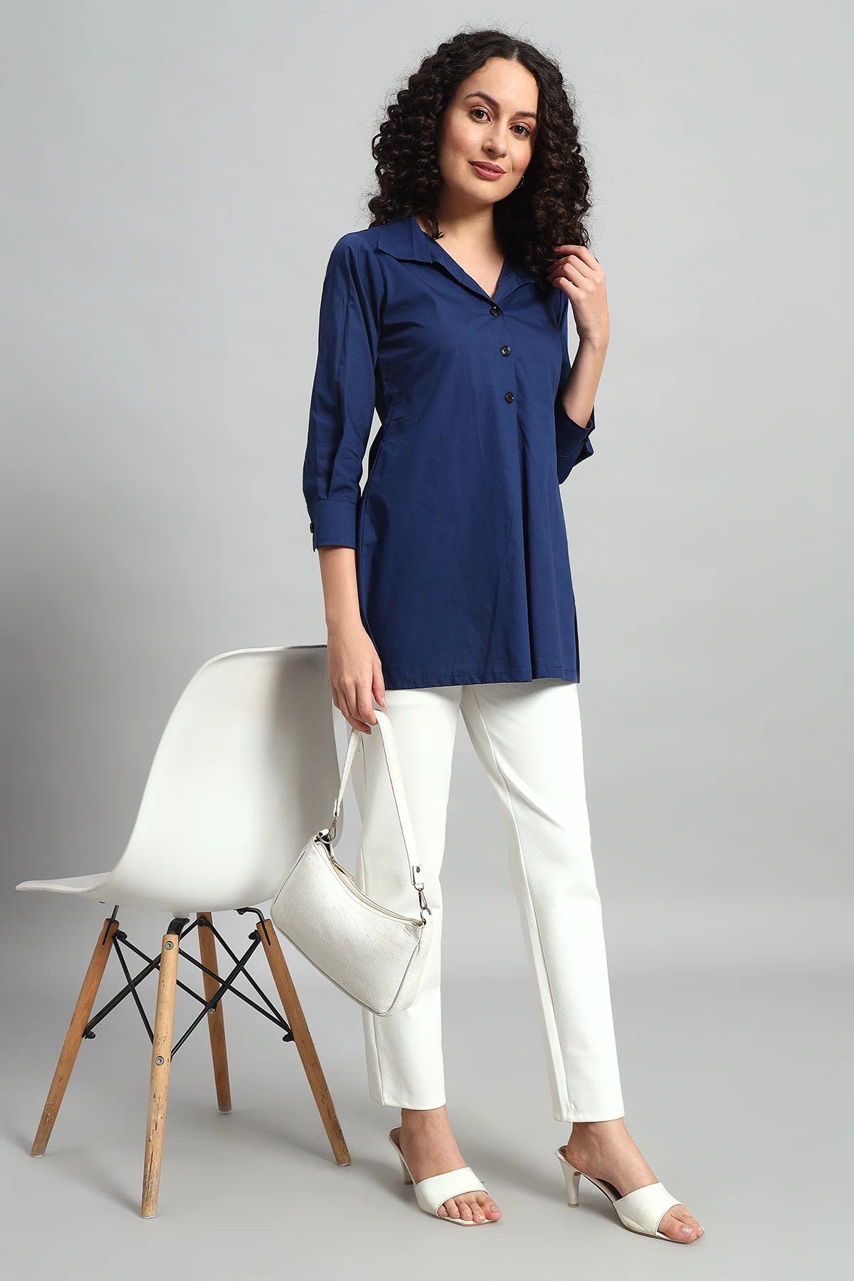 Classic Button-Up Collar Tunic, Navy Blue