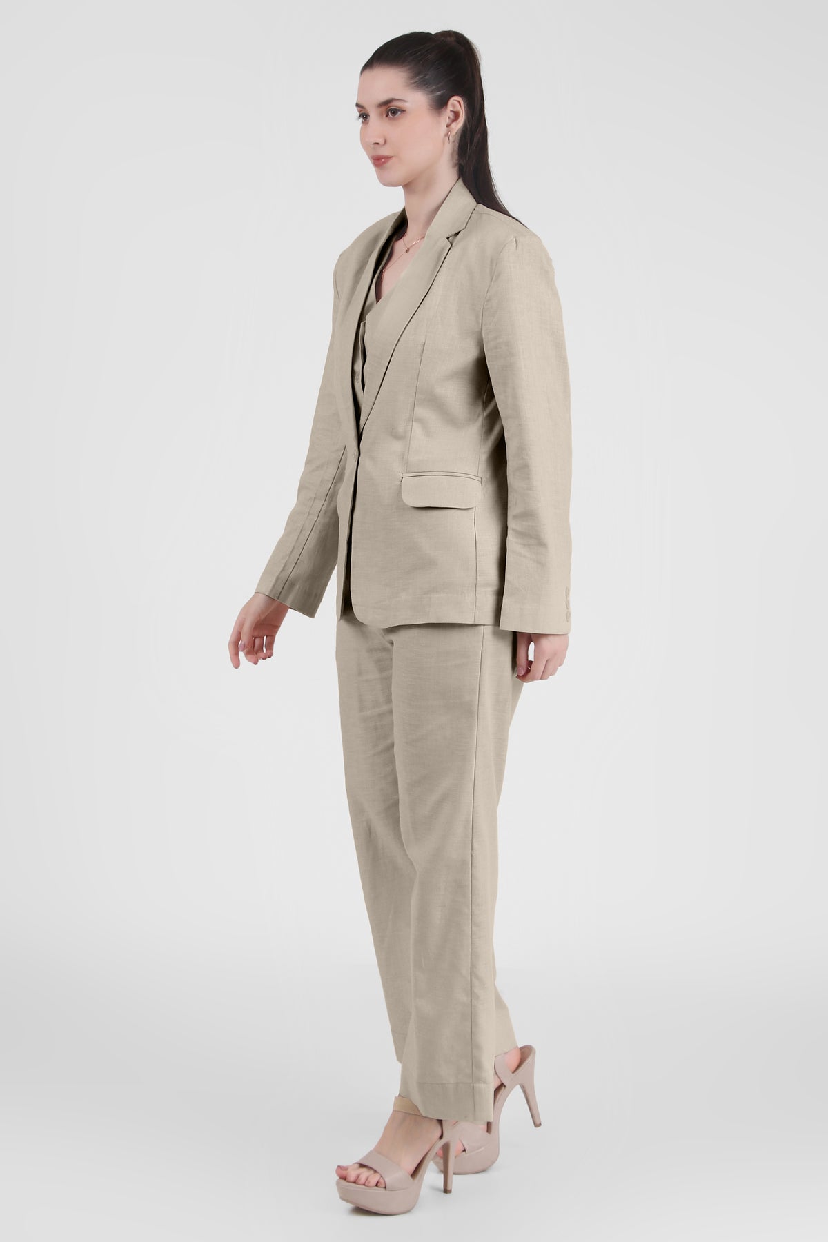 Linen Trio : 3 Piece Suit Set Waistcoat, Blazer, Pant in Beige