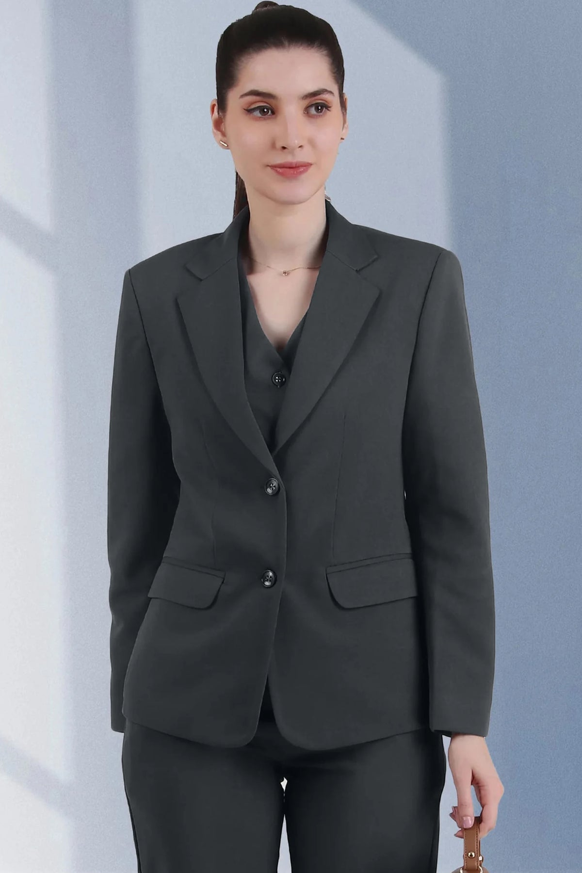 Stretch Crepe Single Breasted Blazer, Bluish Gray