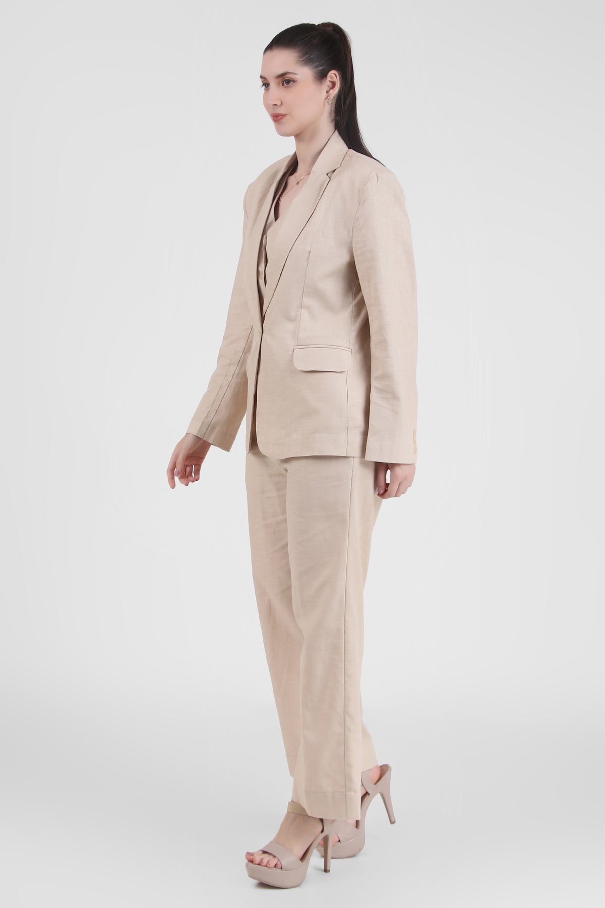 Linen Trio : 3 Piece Suit Set Waistcoat, Blazer, Pant in Beige