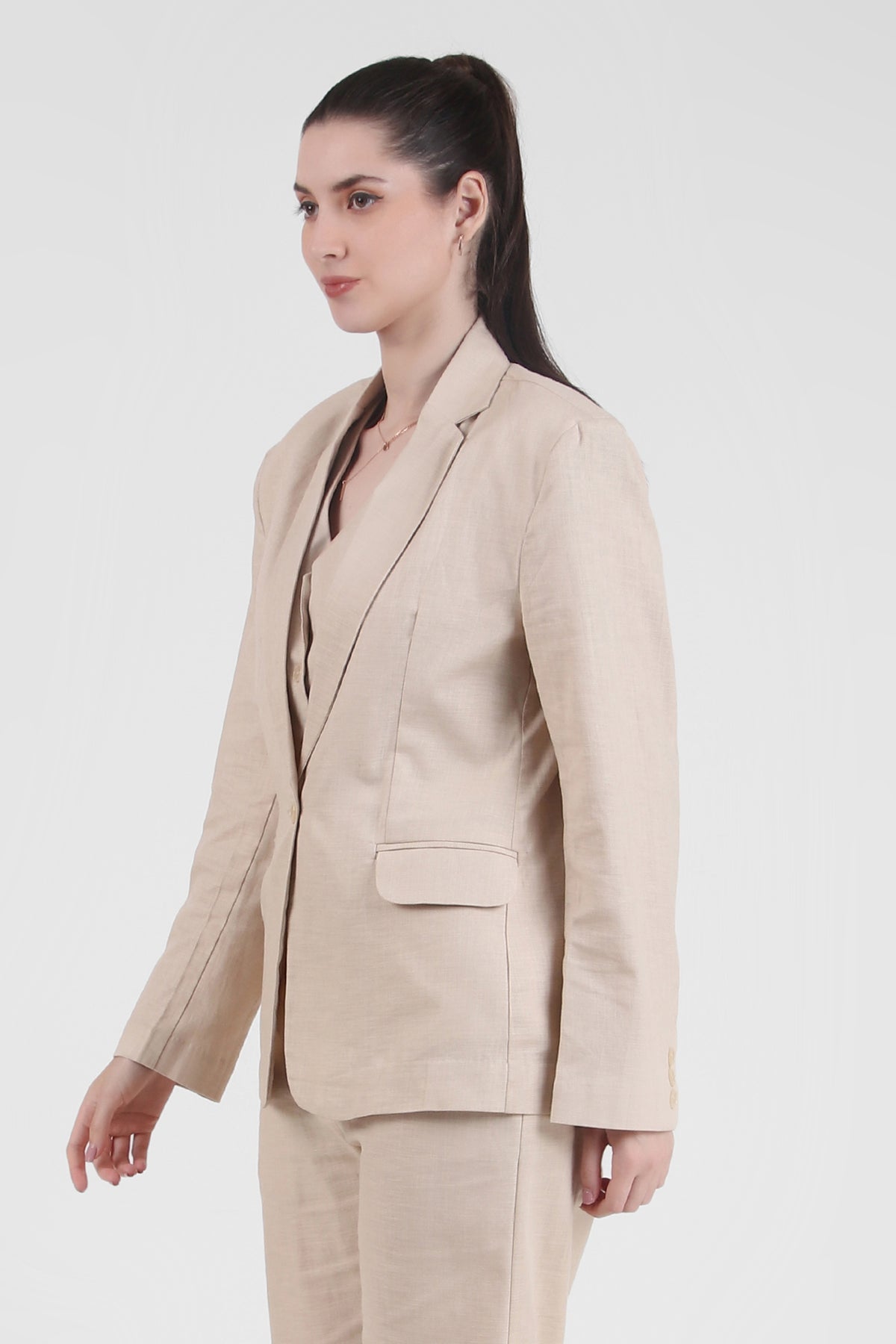 Linen Blend, Breathable Single Breasted Blazer, Beige