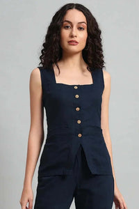 Square Neck Linen Vest – Navy Blue