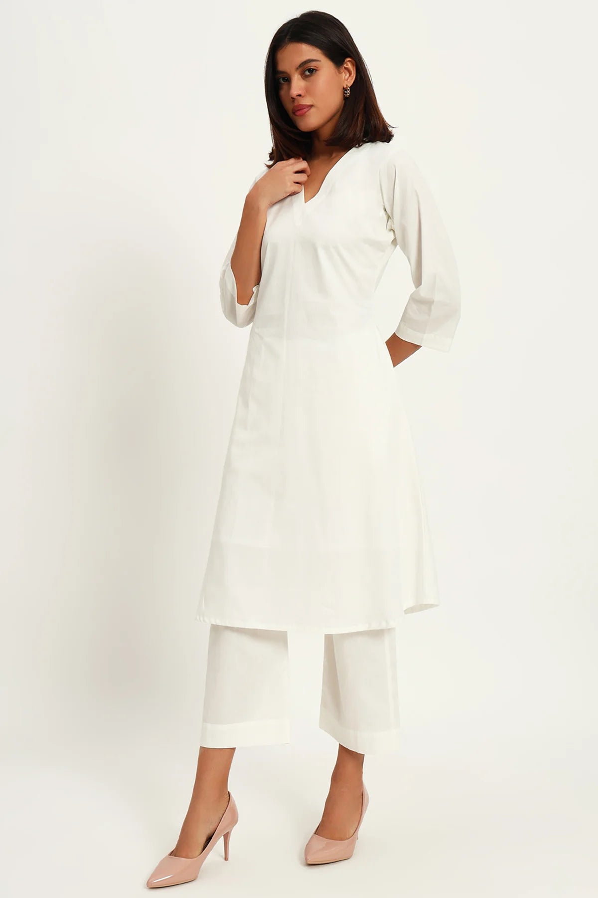 Timeless V Neck Kurta Set, White