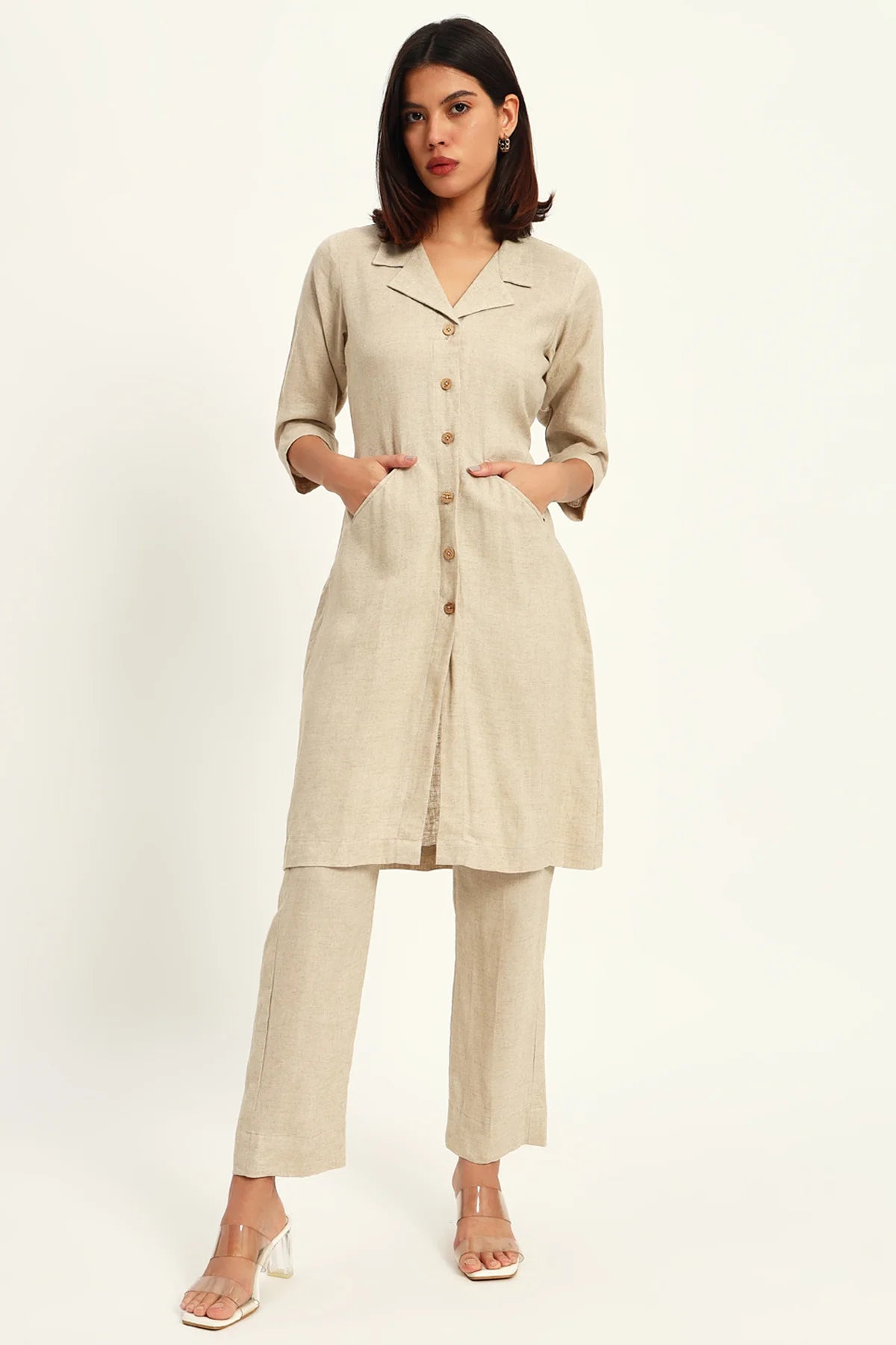 Signature Lapel Kurta Pant Set, Beige