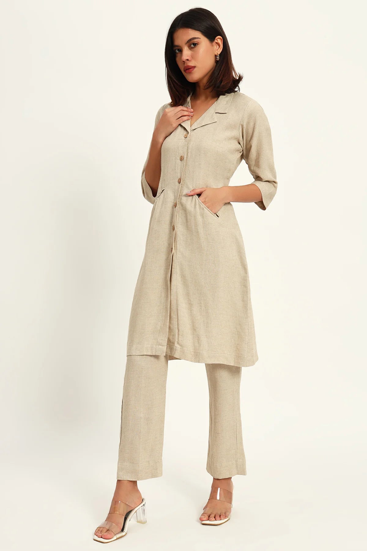 Signature Lapel Kurta Pant Set, Beige