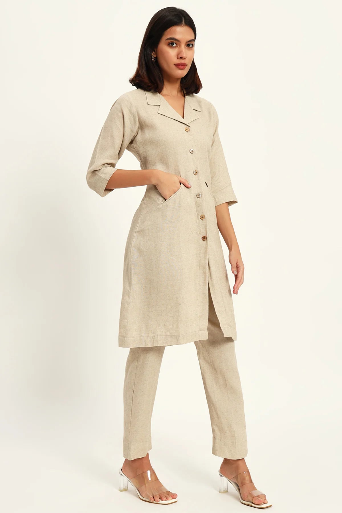 Signature Lapel Kurta Pant Set, Beige