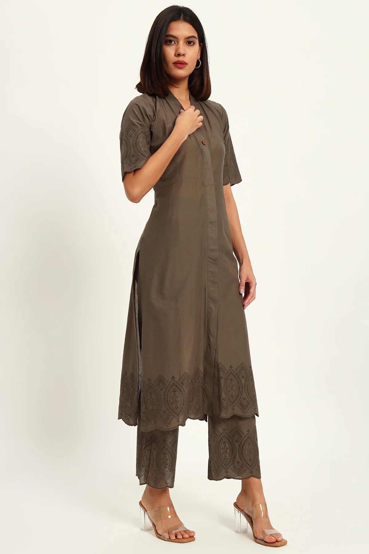 Chikankari Charm Kurta Set, Taupe