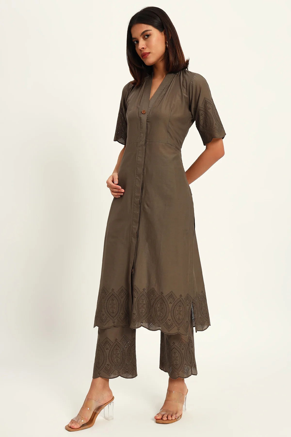 Chikankari Charm Kurta Set, Taupe