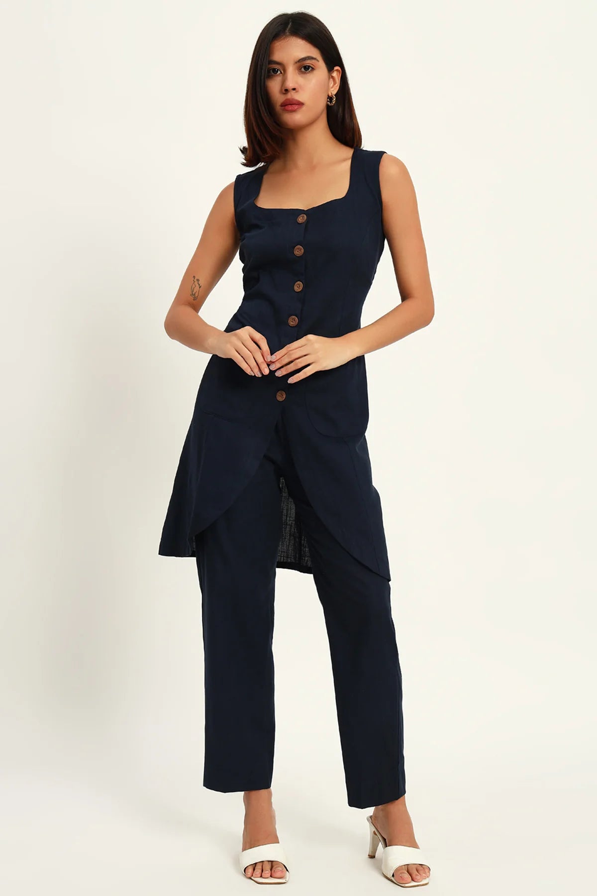 Tailored Vest Kurta Pant Set, Navy Blue