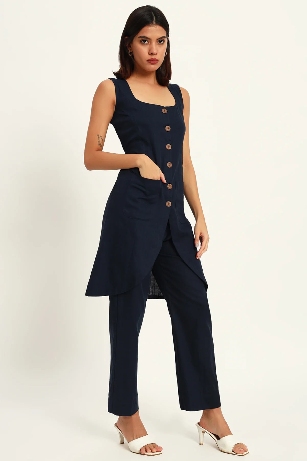 Tailored Vest Kurta Pant Set, Navy Blue