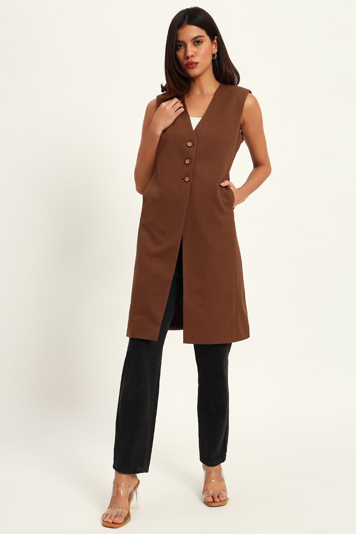 Empowered Long Vest Jacket, Brown