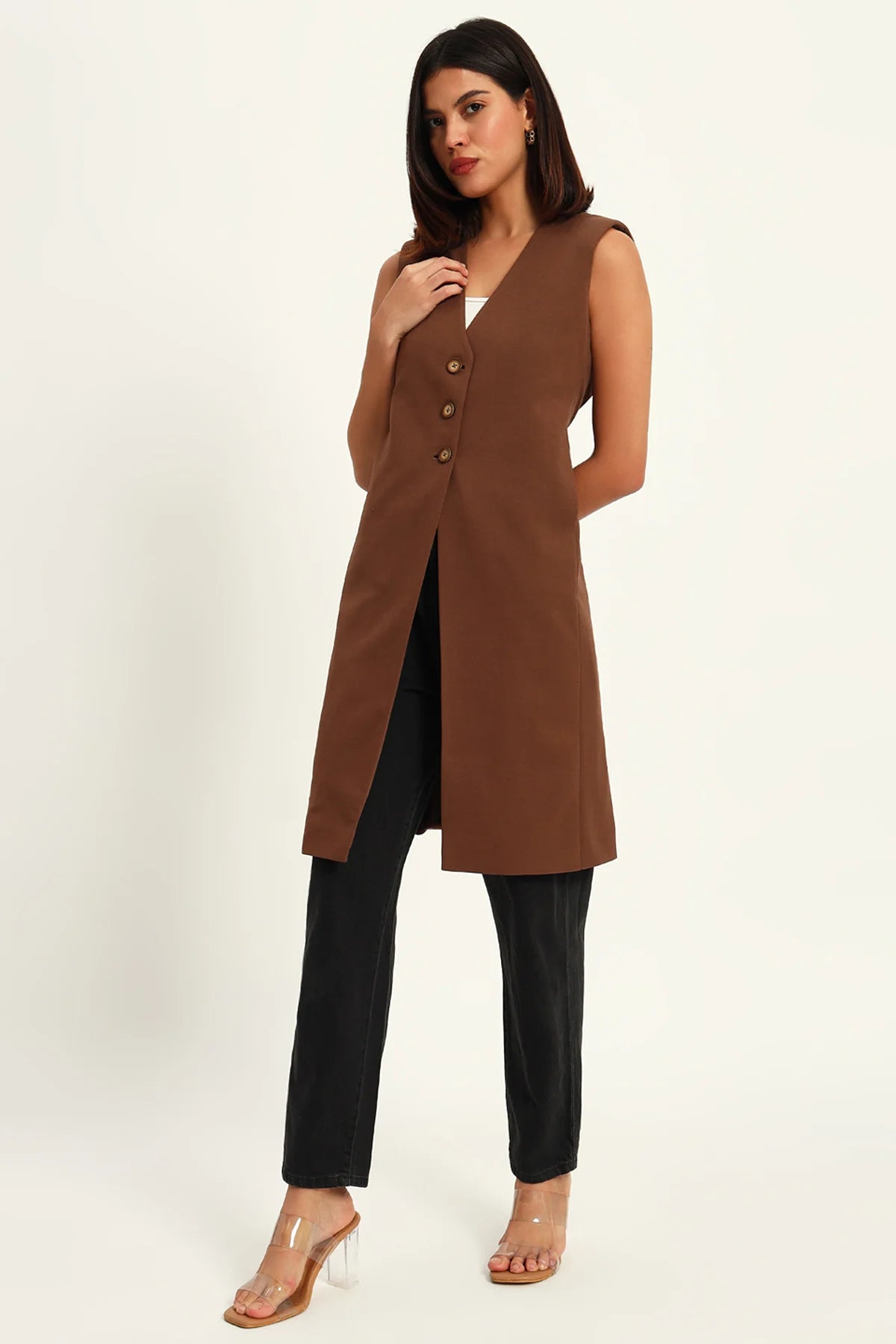 Empowered Long Vest Jacket, Brown