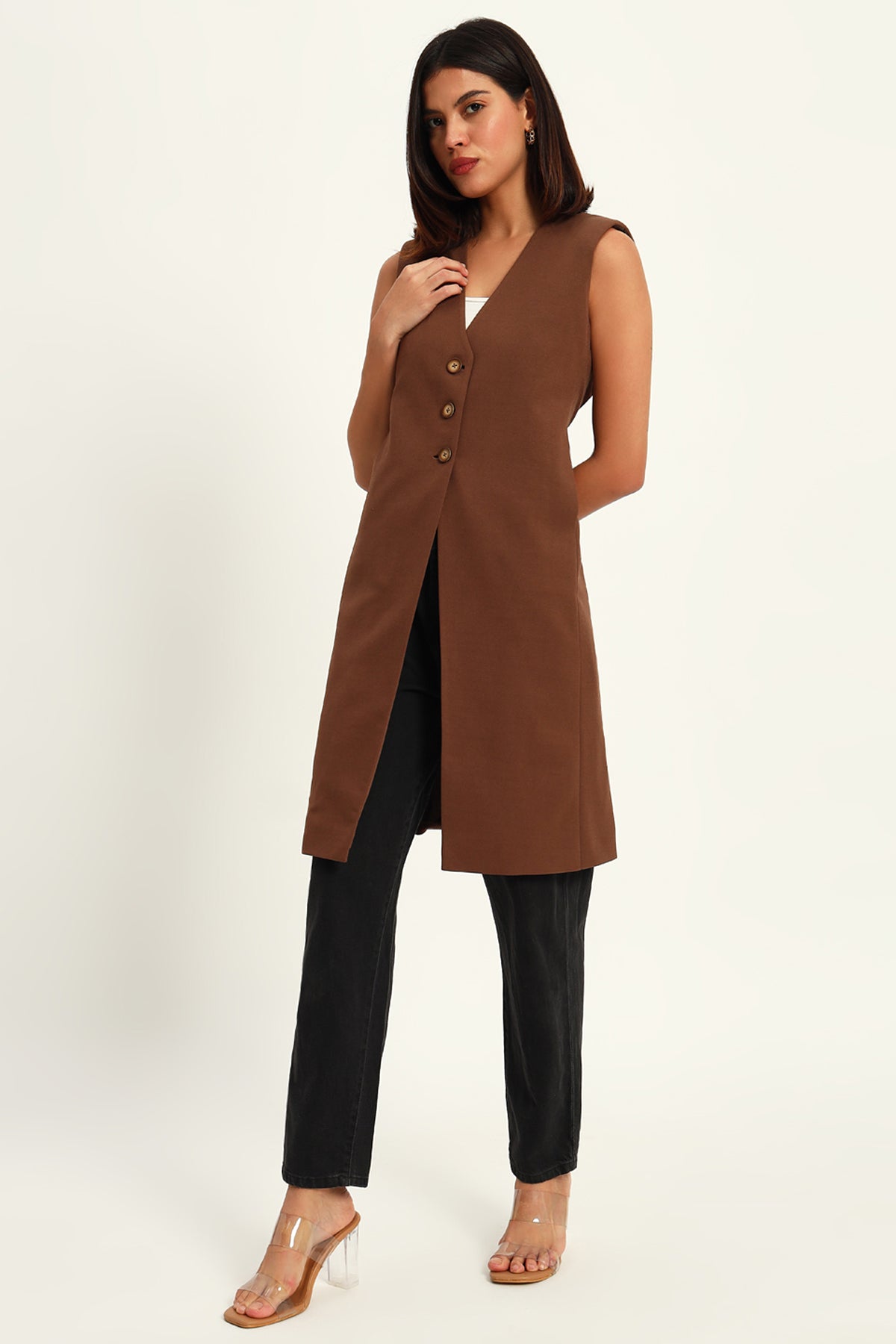 Empowered Long Vest Jacket, Brown