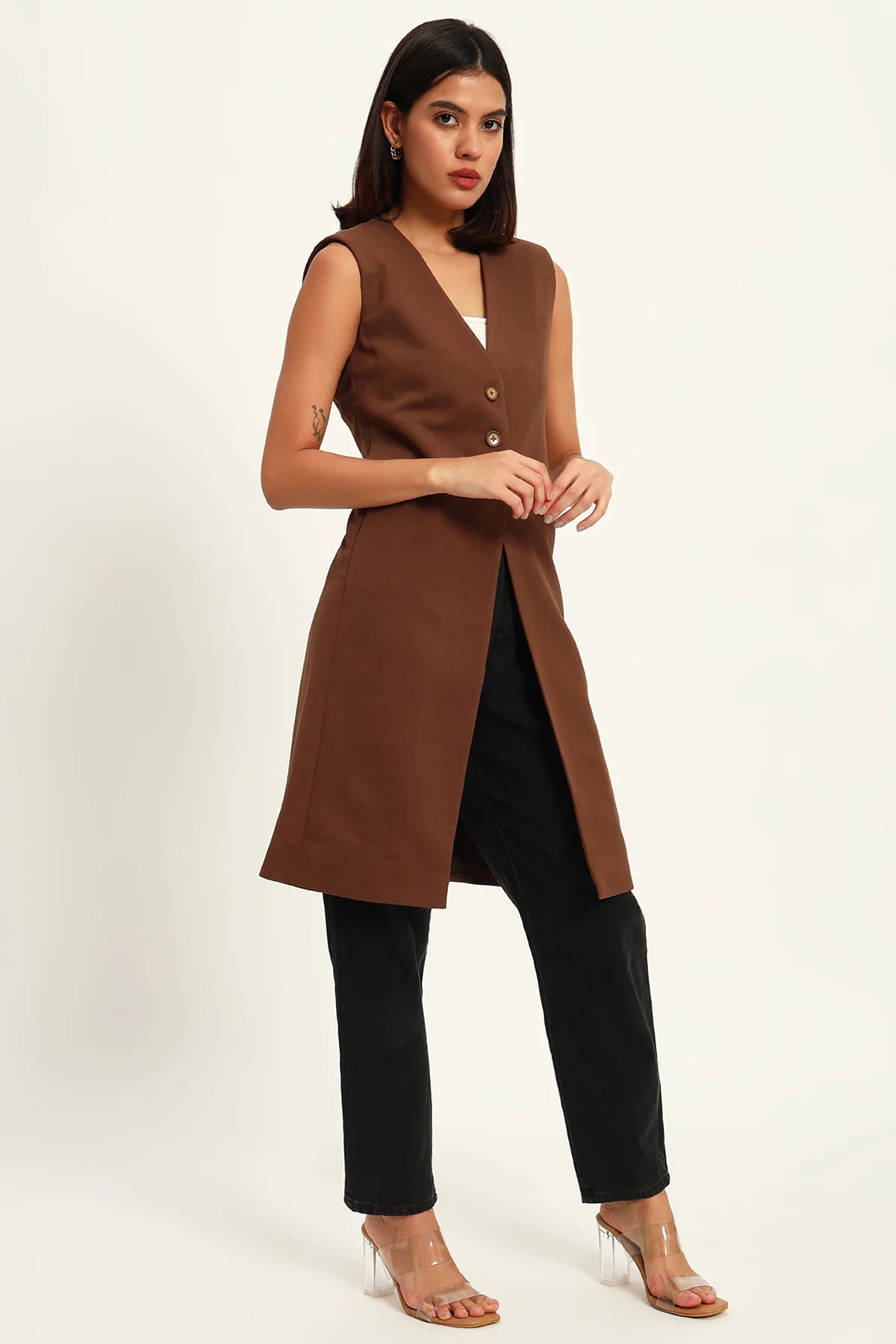 Empowered Long Vest Jacket, Brown