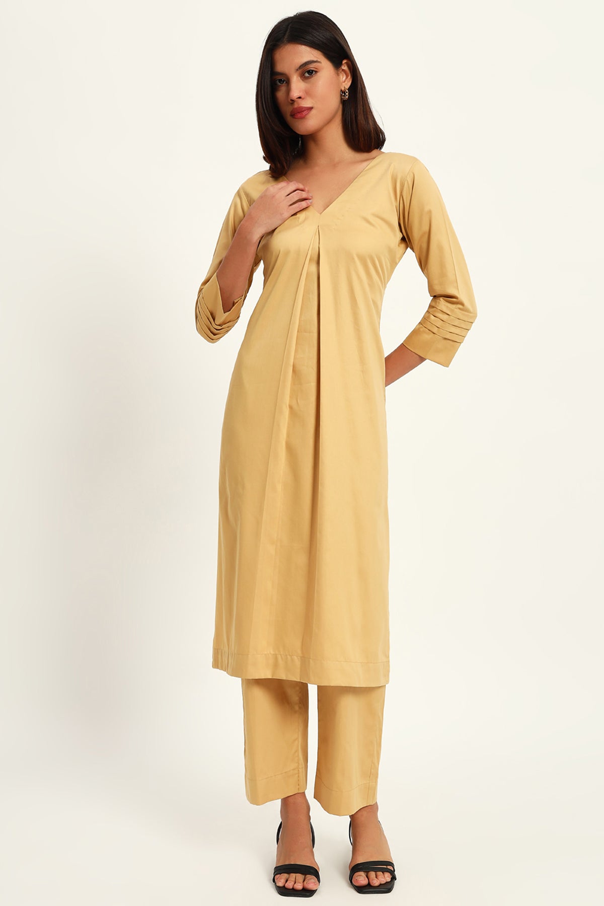 V neck, Harvest Beige Kurta Set