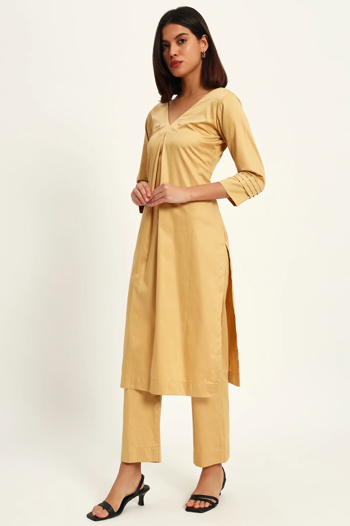 V neck, Harvest Beige Kurta Set